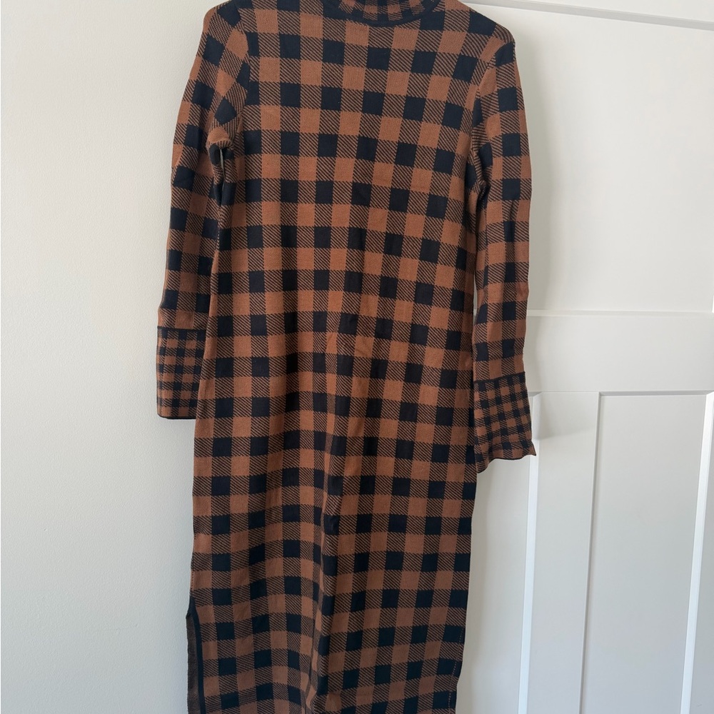 Zara Black and Brown Checkered Long Sleeve Sweater Dress